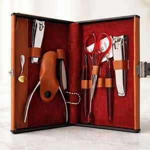 Vintage Travel Manicure & Grooming Kit in a classic brown faux-leather case